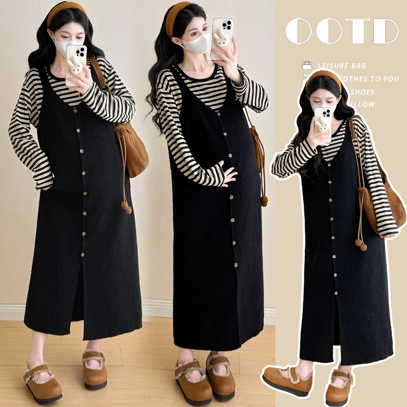 秋冬新款孕妇装显瘦气质百搭条纹长袖法式高级感针织背心裙套装