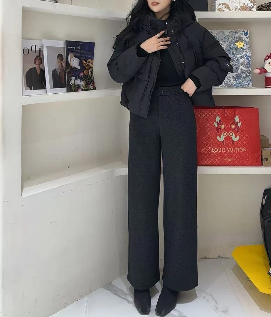 【森绒裤】欧货小设计半松紧腰显瘦直筒裤-8258