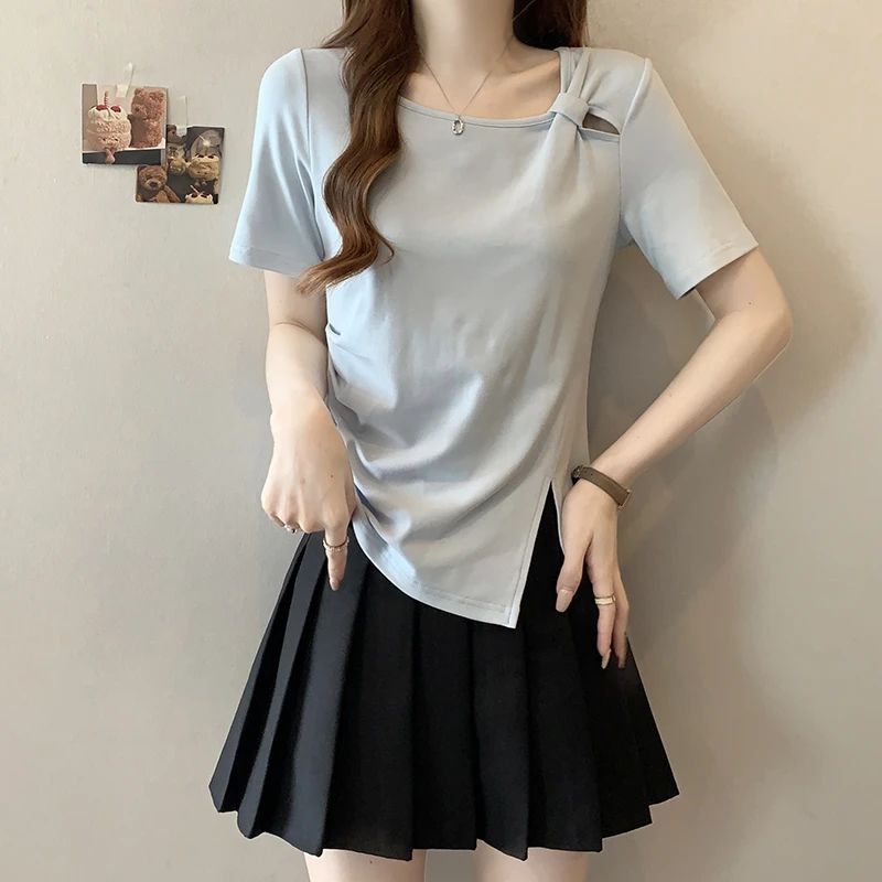 不规则设计感斜领正肩短袖T恤女夏季大码胖mm遮肚子显瘦百搭上衣