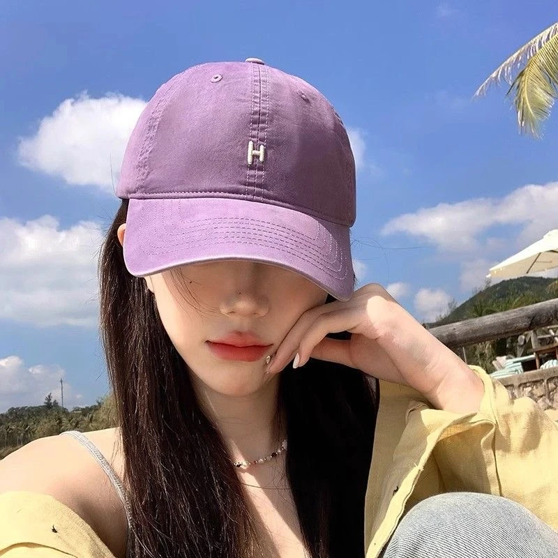 薄棉紫色H棒球帽女季新款美式简约字母刺绣纯色休闲鸭舌帽子