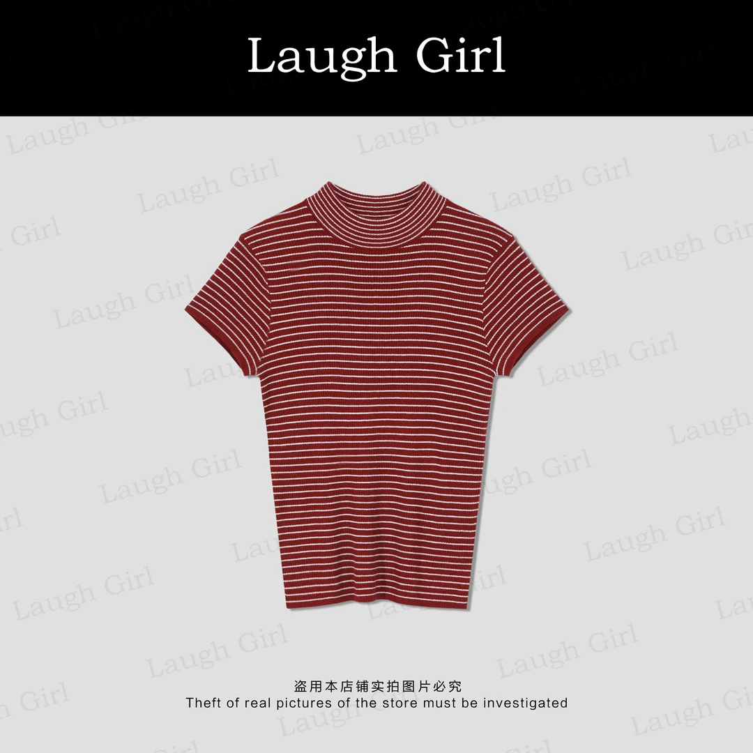楚楚君 Laugh girl【定制款】圆领修身显气质条纹针织短袖XL53905J