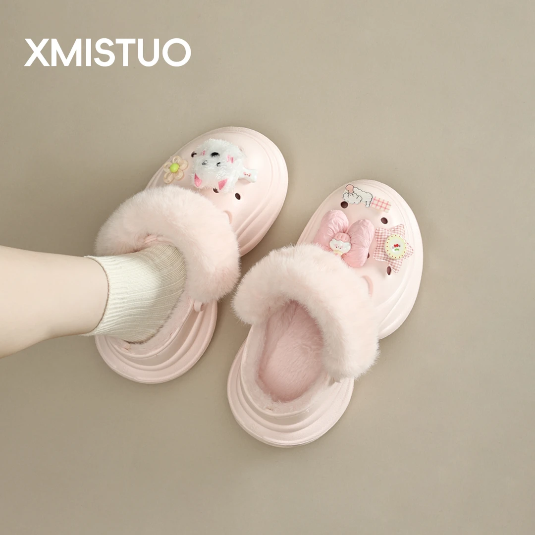 厚底加绒保暖洞洞鞋女秋冬外穿2025新款可爱卡通防滑休闲凉拖鞋