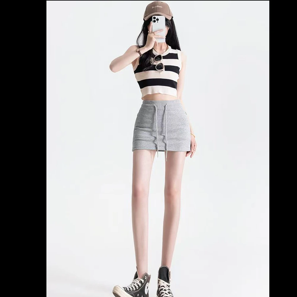 2025新款运动卫裙休闲抽绳短裙子夏季百搭A字灰色包臀裙半身裙女