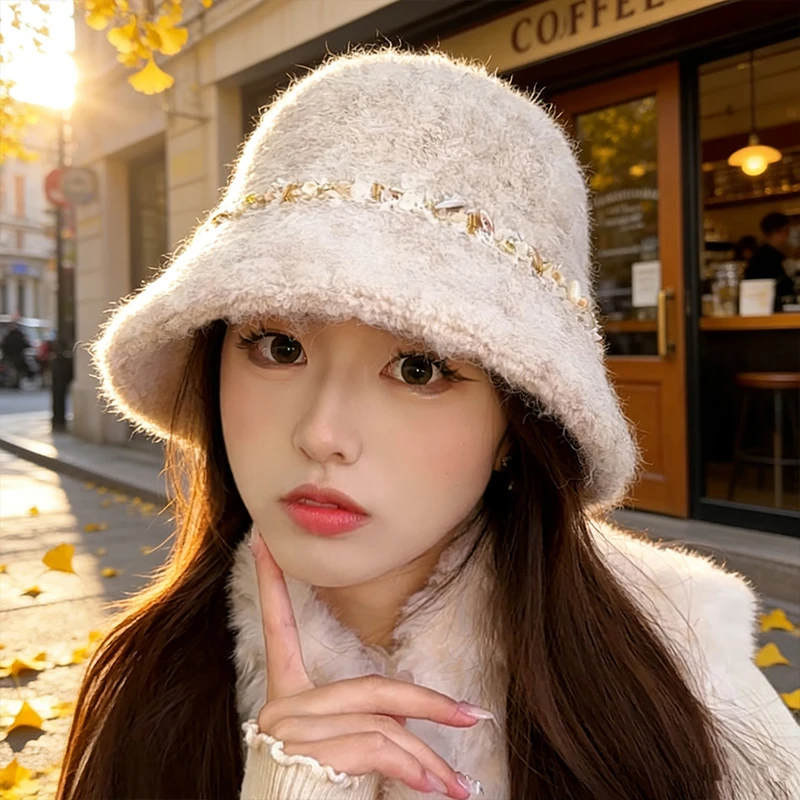 朵澜秋冬新品韩版贝壳水桶渔夫帽毛绒保暖显脸小帽子大头围素颜帽