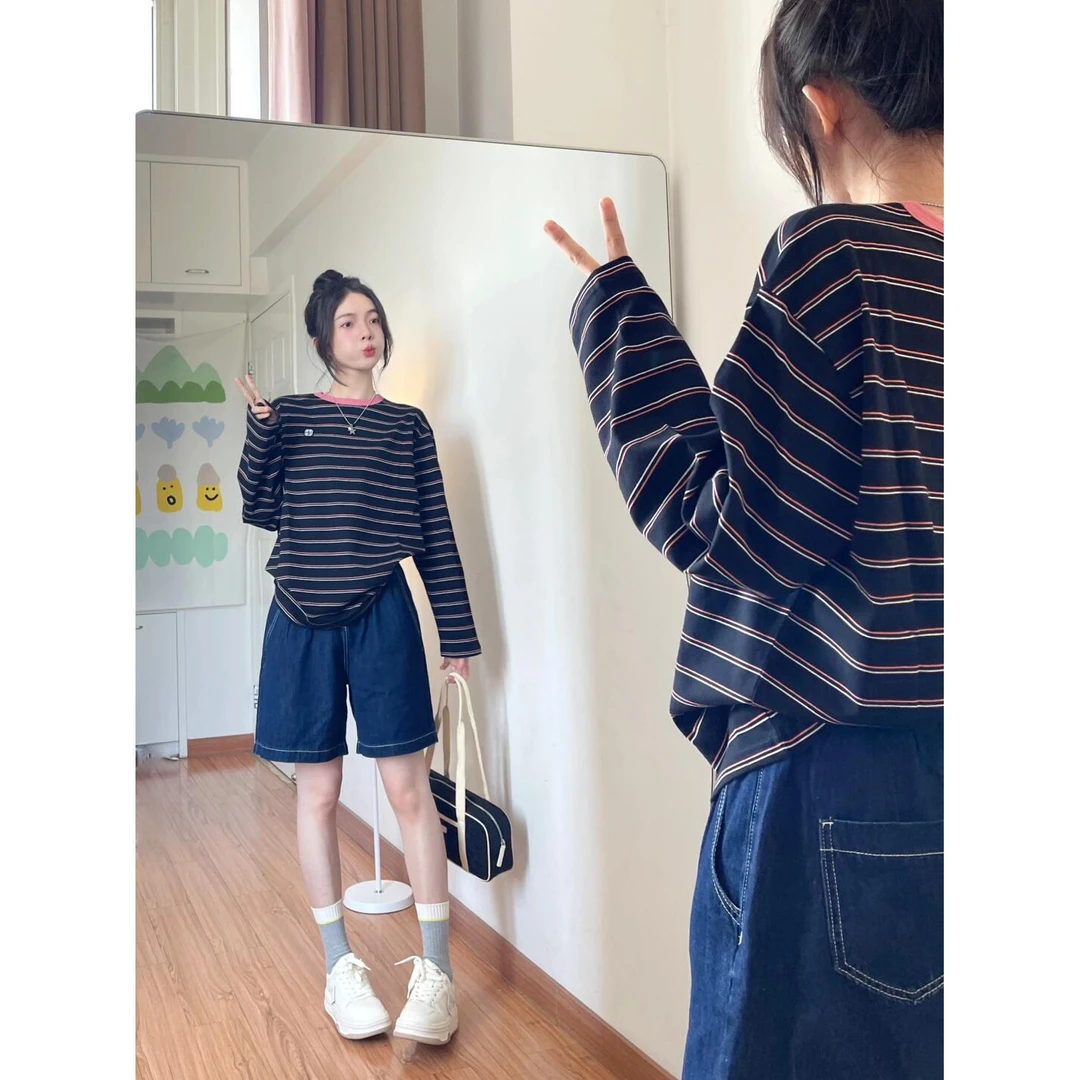 长袖T恤2025早春新款韩系慵懒风条纹宽松休闲圆领减龄上衣打底衫