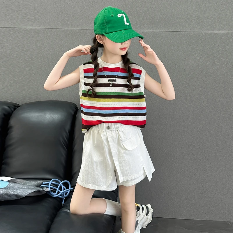 女童夏装套装2025新款小女孩夏季条纹冰丝背心儿童白色短裤两件套