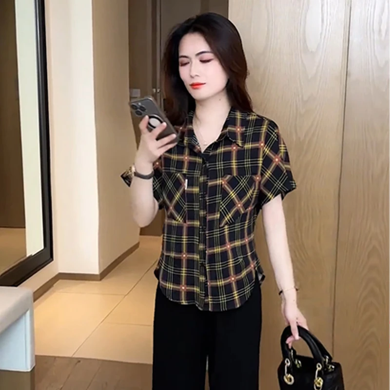 时尚复古格子衬衫女2025夏季新款洋气时髦宽松遮肉显瘦雪纺衫上衣