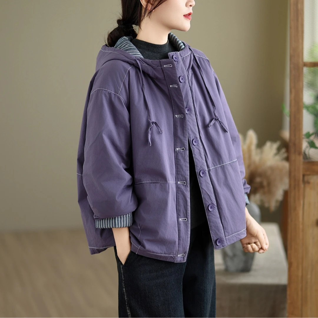 明线休闲复古宽松保暖薄棉风衣女双层外套内里格纹连帽夹棉棉服