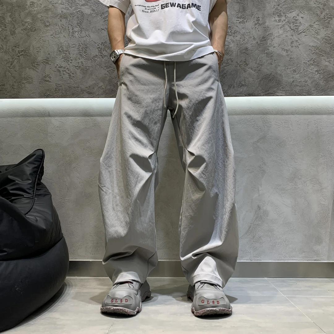 男士透气直筒裤阔腿裤秋季新款百搭宽松休闲裤纯色日系潮流高街款