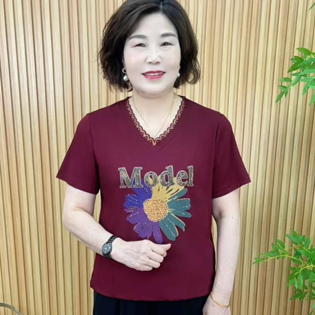 短袖常规款薄款修身型中老年女装宽松夏季百搭妈妈装时尚V862