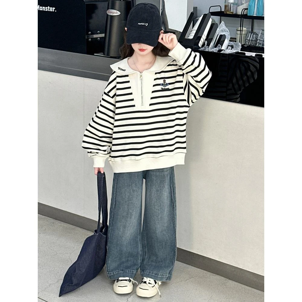 女童条纹卫衣春秋款2025新款儿童洋气时髦衣服女大童秋季长袖上衣