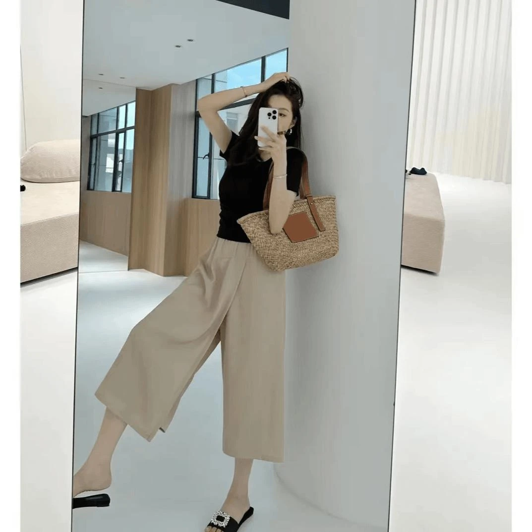 夏季冰丝裙裤女中腰垂感宽松薄款透气凉感外穿休闲阔腿裙裤