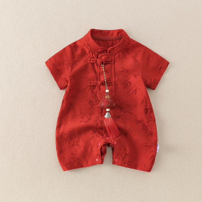 婴儿国风夏装连体衣中国风短袖唐装薄款新生儿百天满月爬服衣服