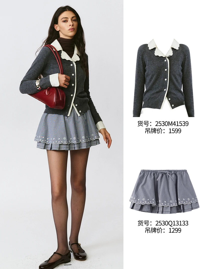 FORDARE/福蝶25早秋格纹镂空刺绣花边牛仔黑色短裙半身裙裙子半裙