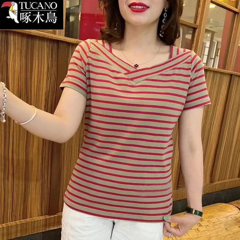 啄木鸟夏季薄款V领短袖条纹撞色T恤2025年新款洋气百搭减龄上衣女