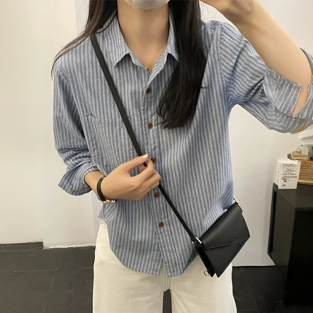「复古日系 条纹衬衫」成衣水洗 100%棉 春季宽松百搭纯棉衬衣