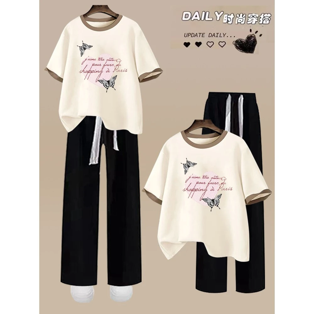 夏季套装减龄学院风洋气T恤显瘦新款学生女童休闲裤白色两件套