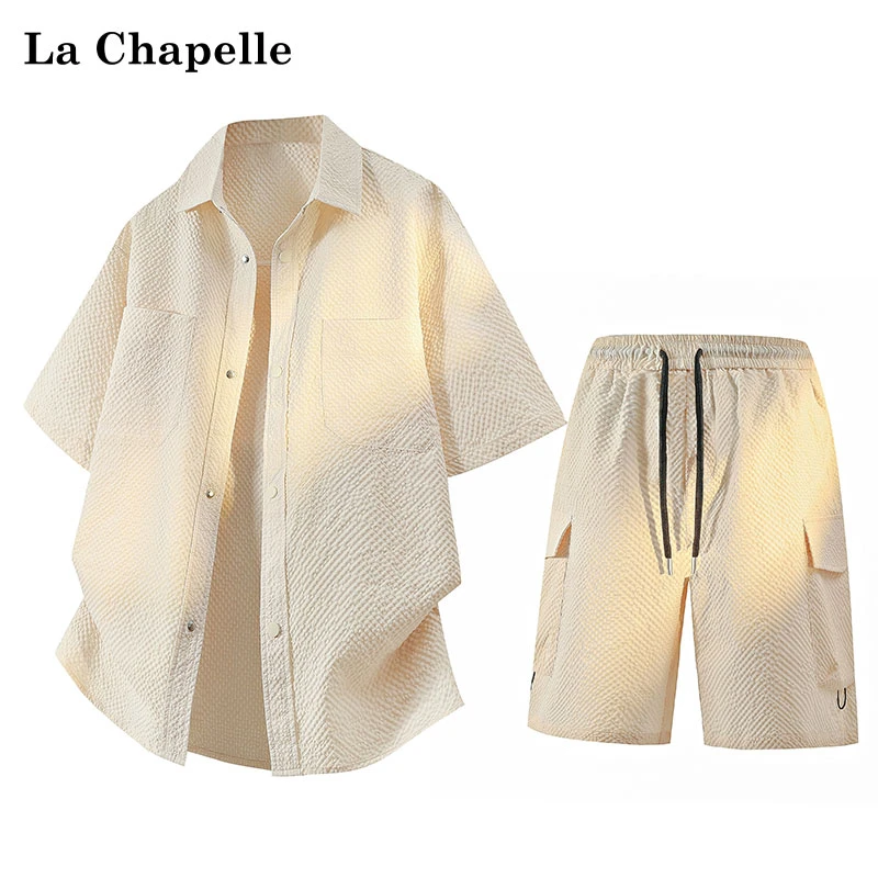 拉夏贝尔夏季大码短袖衬衫短裤休闲套装男纯色百搭泡泡格两件套男
