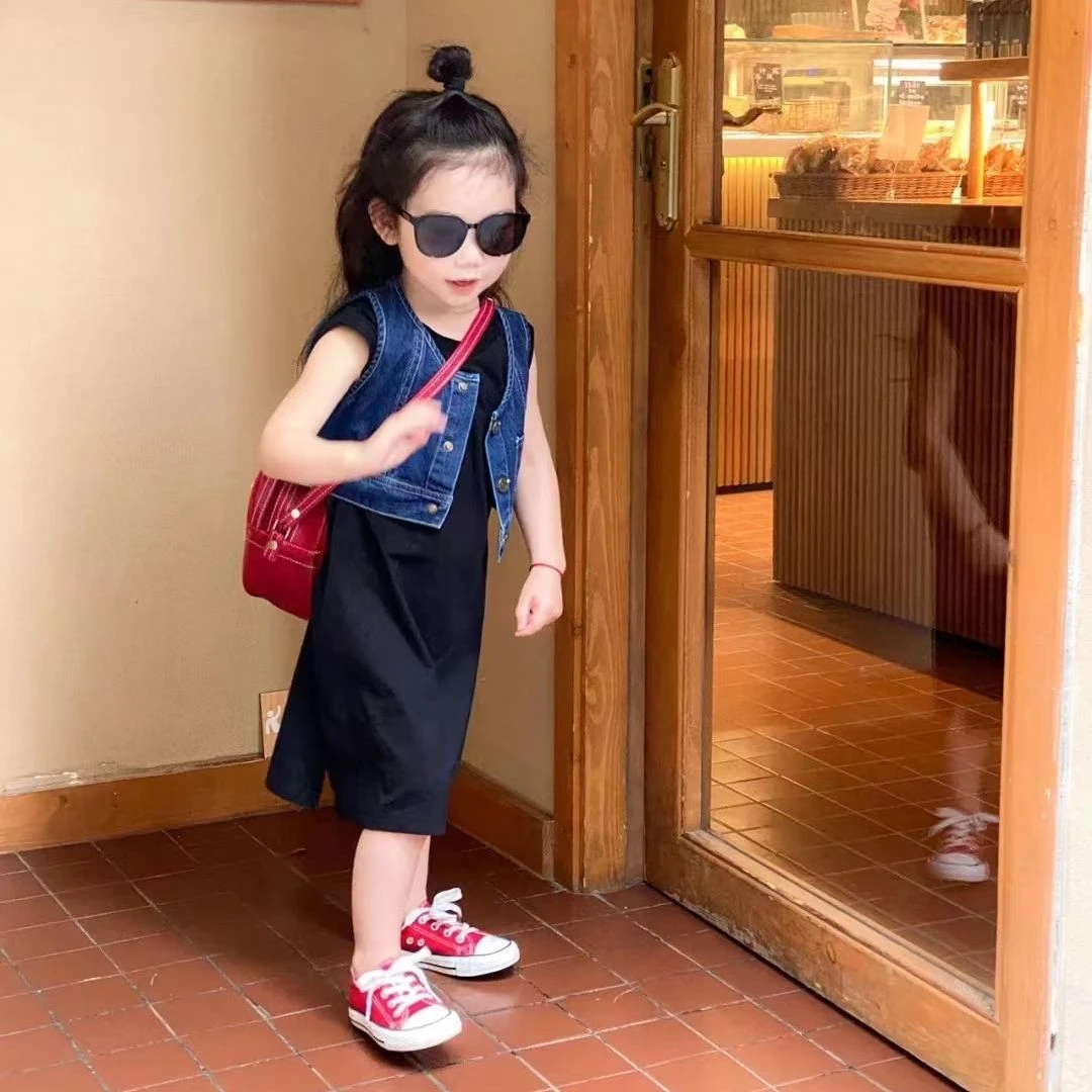 2025女童夏装长款T恤+牛仔马甲套装新款儿童洋气纯棉裙子超萌爆款