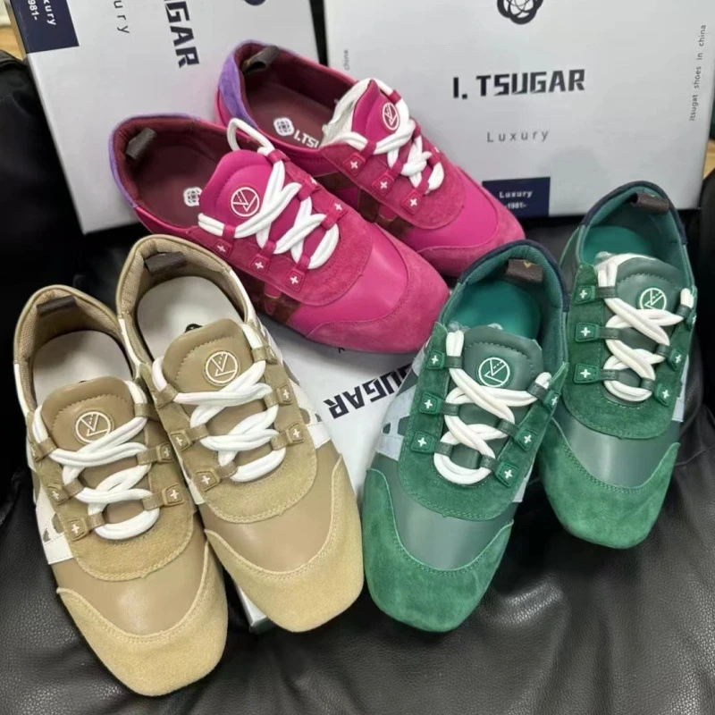 拼色百搭低帮方头德训鞋夏季透气系带潮鞋时尚休闲鞋潮流女款女鞋