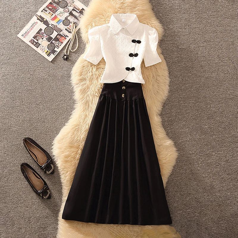 国风洋气连衣裙套装女夏娃娃领短袖衬衫气质半身裙时尚休闲两件套