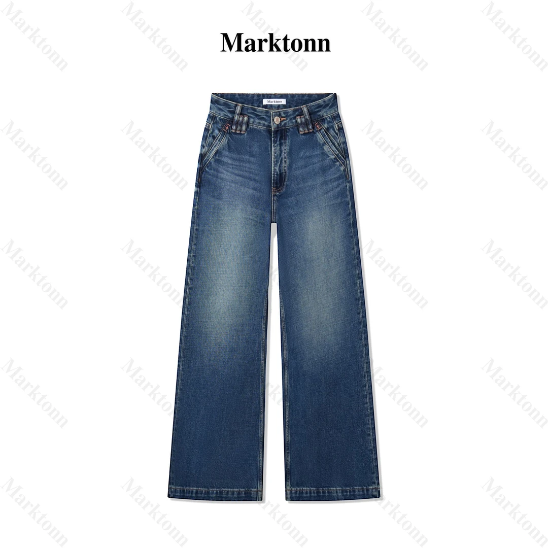 Marktonn品牌设计款深蓝夏季中高腰阔腿牛仔休闲百搭拖地裤女装