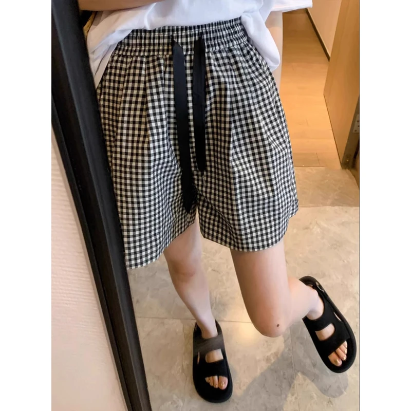 雪千羽黑白格子松紧腰短裤女夏季新款阔腿裤宽松显瘦遮胯五分裤子