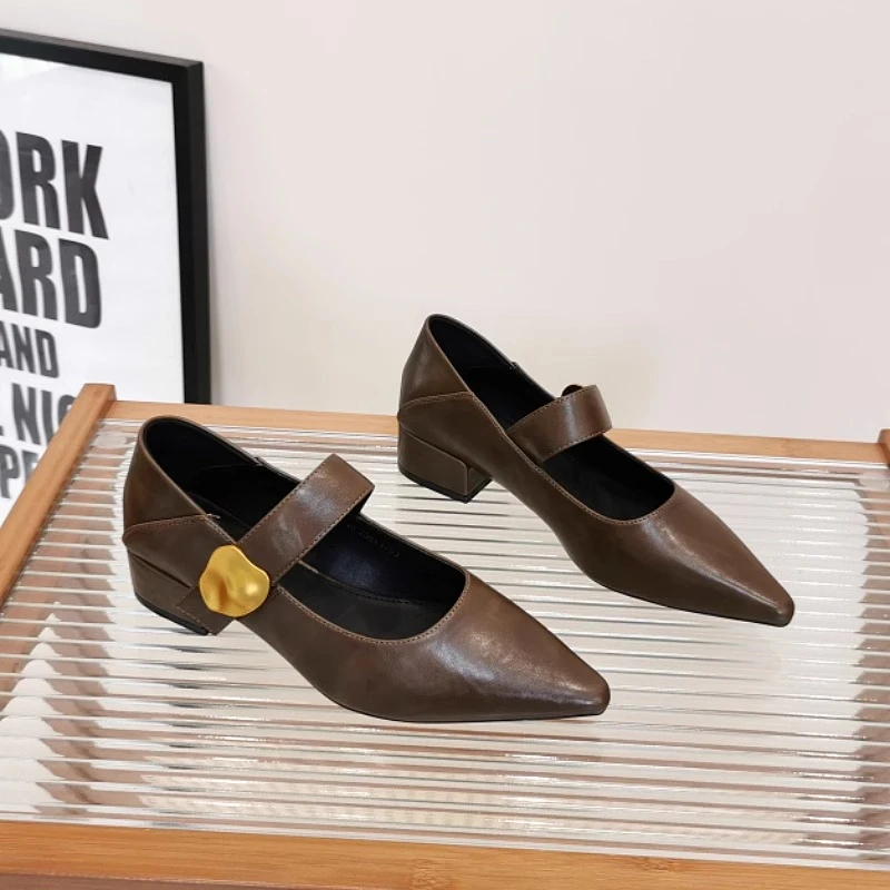 三福法式粗跟魔术贴浅口单鞋女春秋新款尖头洋气百搭玛丽珍皮鞋