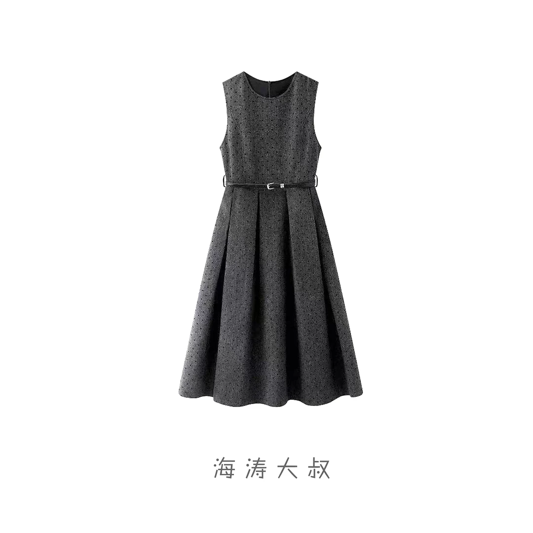 【海涛大叔】「黑糖啵啵」灰色波点连衣裙收腰法式无袖羊毛背心裙