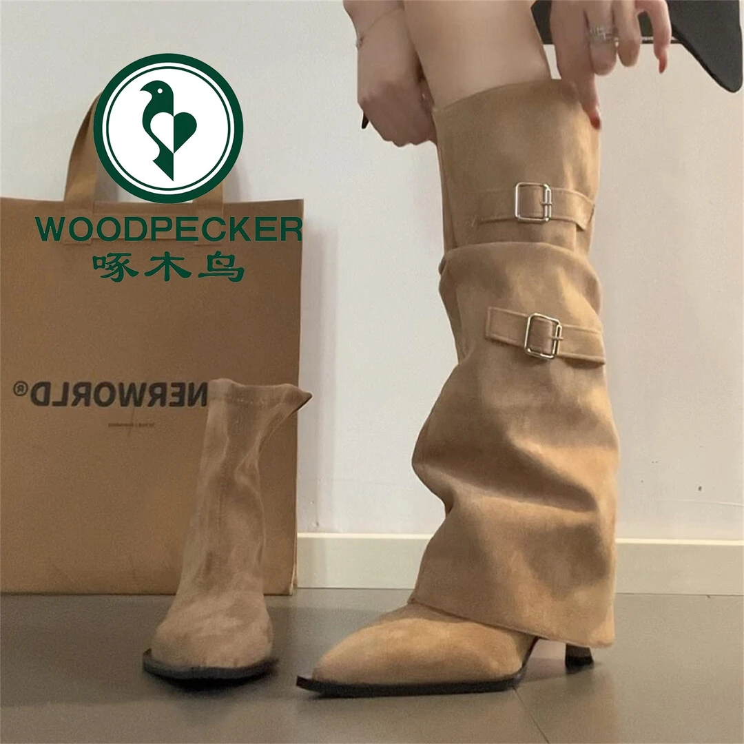 啄木鸟复古绒面高跟长靴女2025秋冬新款两穿裤管靴皮带扣细跟短靴