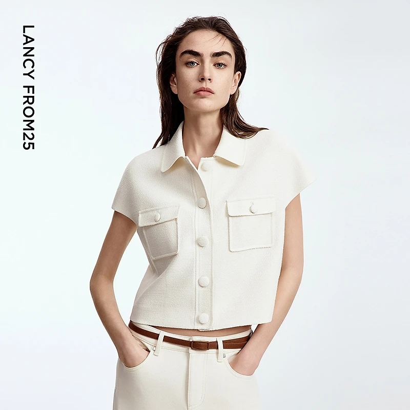 朗姿小香风短袖米白色翻领短外套高级感气质2025年秋季新款上衣女