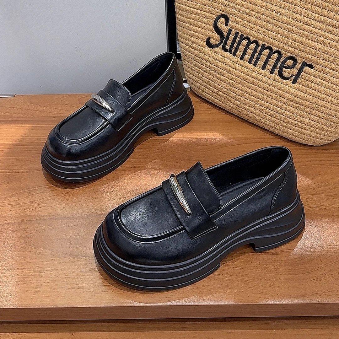 厚底黑色乐福鞋女2025新款配裙子英伦风小皮鞋软皮软底一脚蹬单鞋