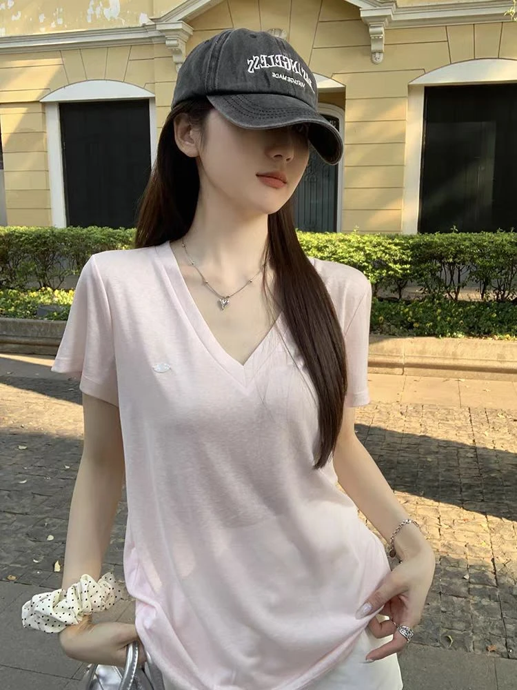 韩系松弛感薄款V领短袖T恤女夏季新款小众宽松休闲雪花棉百搭上衣