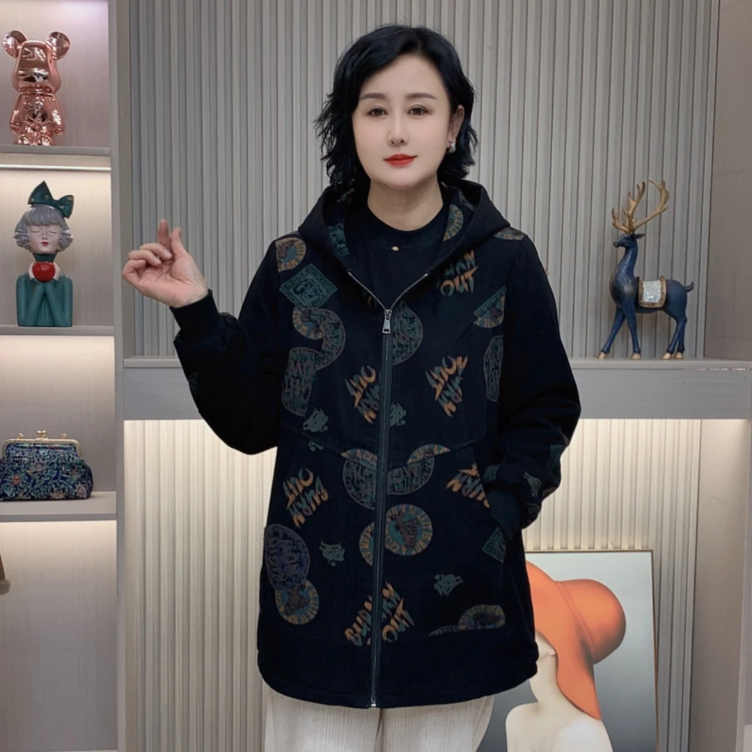 秋冬新款时尚减龄宽松保暖连帽加绒妈妈装