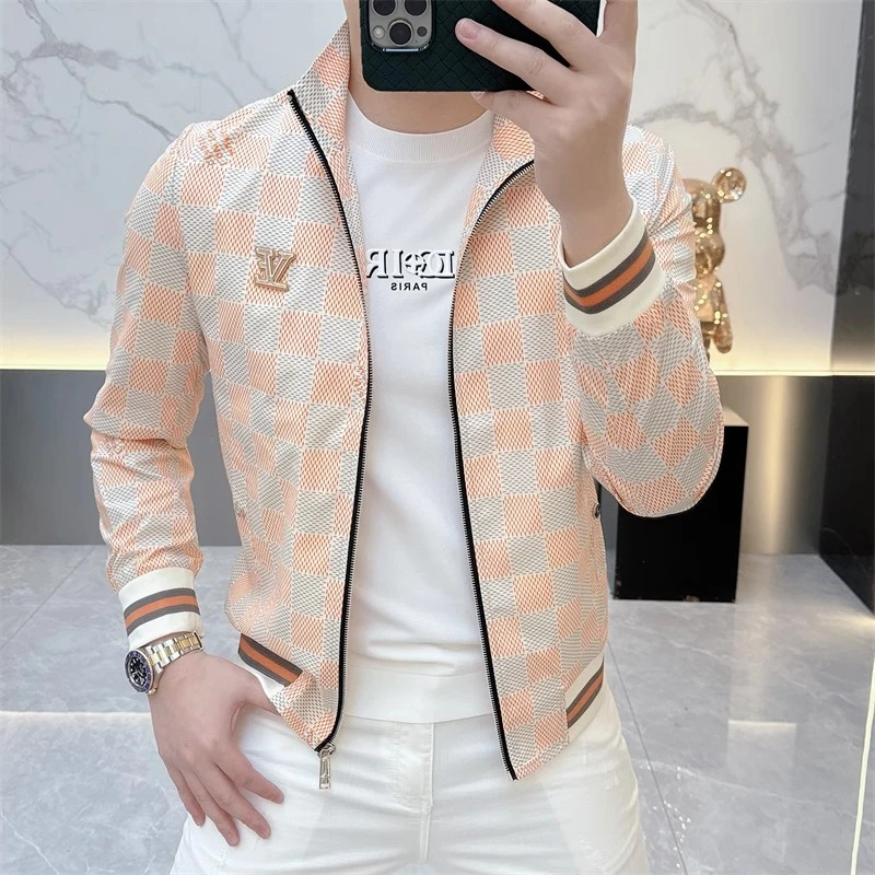 2025春季新款潮牌时尚格子徽章刺绣修身帅气网红立领夹克外套男潮