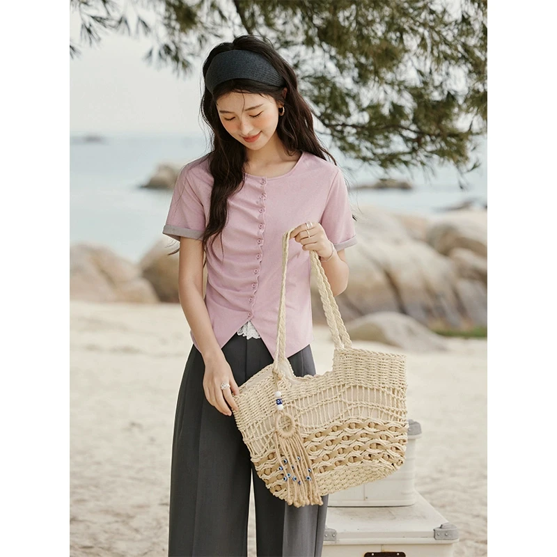 【小铃铛专属】谜秀门襟褶皱撞色短袖韩系T恤内搭上衣MXE16T0523