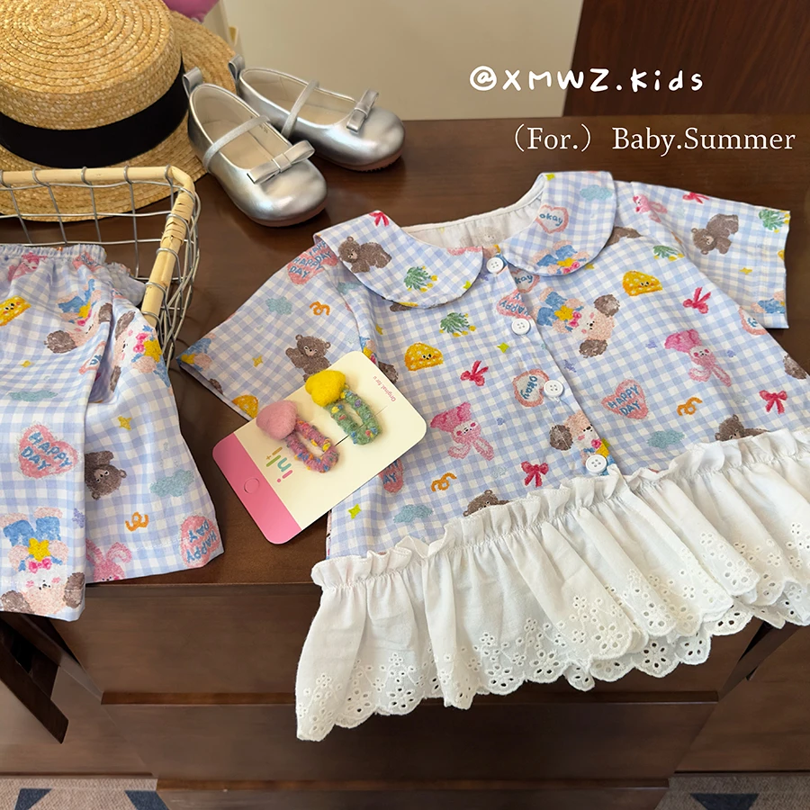 Z女童夏季休闲风家居服套装吸汗洋气短袖公主风睡衣女宝纯棉2件套