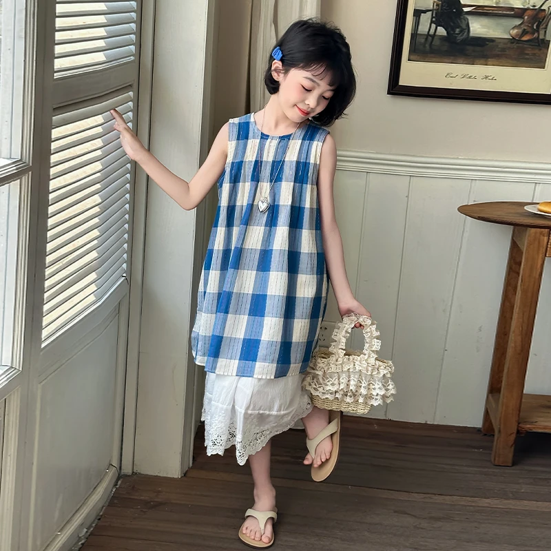 女童连衣裙2025夏季新款儿童森系洋气格子背心裙女孩棉布公主裙子