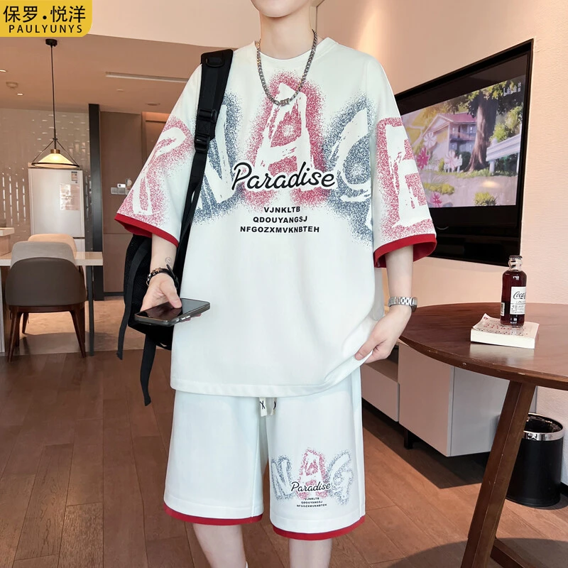 休闲运动套装男夏季潮牌宽松印花短袖t恤青少年男装帅气一套衣服