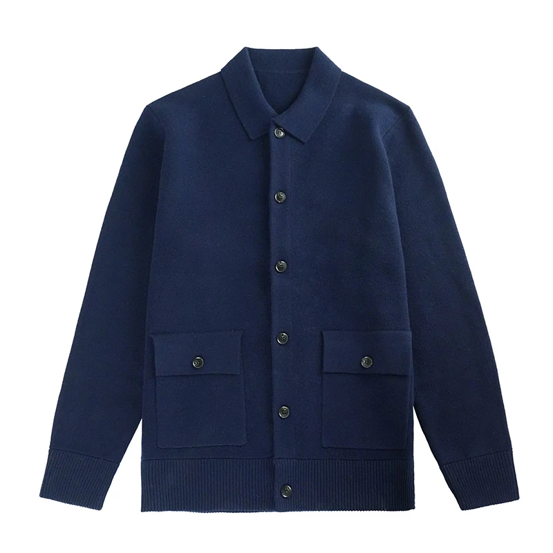 新款100%羊毛男士休闲纯色针织衫秋冬翻领绵羊毛外套HM207