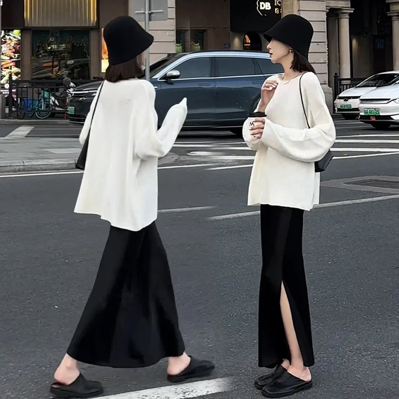 春季新款套装休闲风一整套穿搭圆领长袖针织上衣高腰半身裙两件套