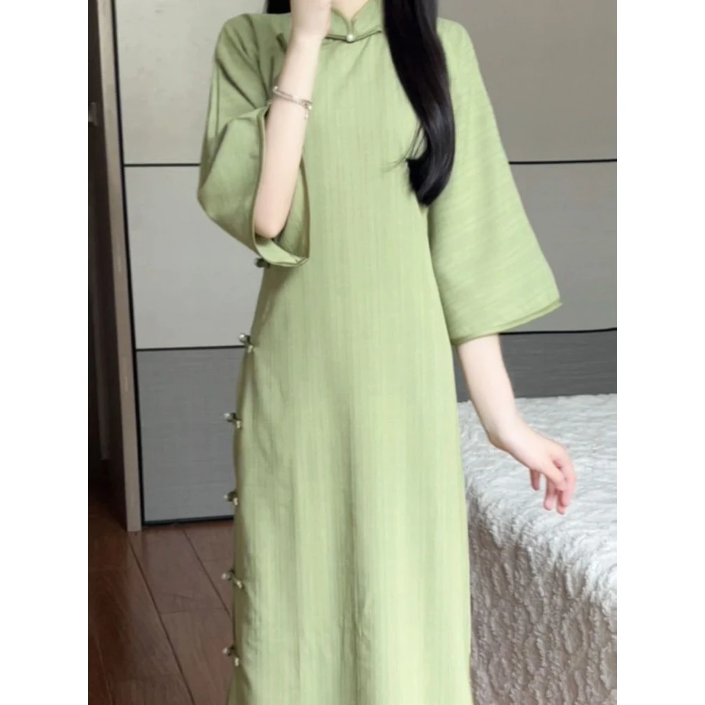 绿色改良旗袍夏季新款2025古法倒大袖少女日常可穿