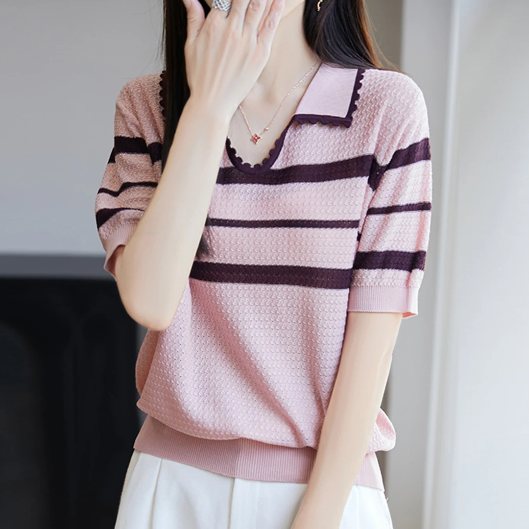 胖mm夏装大码冰丝针织衫女士短袖t恤遮肚子巨显瘦polo领条纹上衣