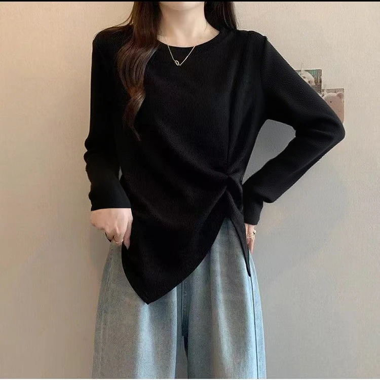 大码黑色正肩t恤长袖女2025新款秋季胖mm不规则遮肚显瘦微胖上衣