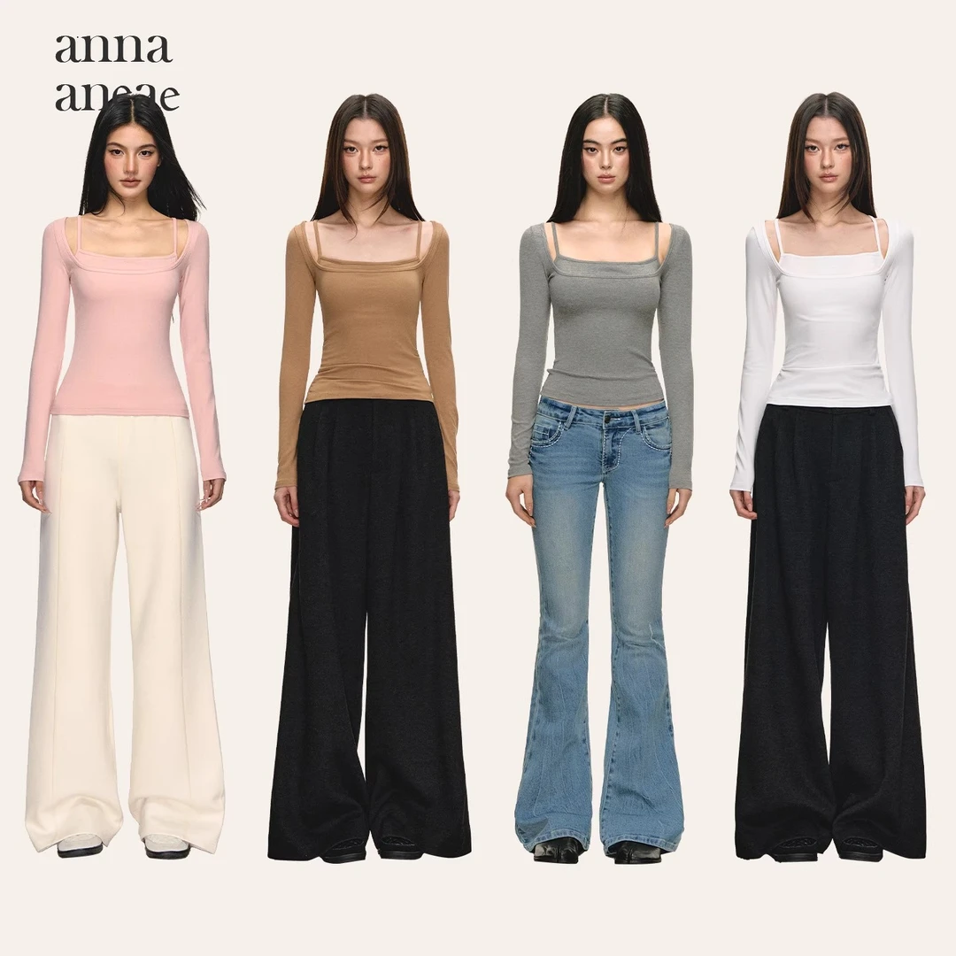 anna aneae假两件吊带打底衫带胸垫女秋冬设计感独特修身长袖t恤