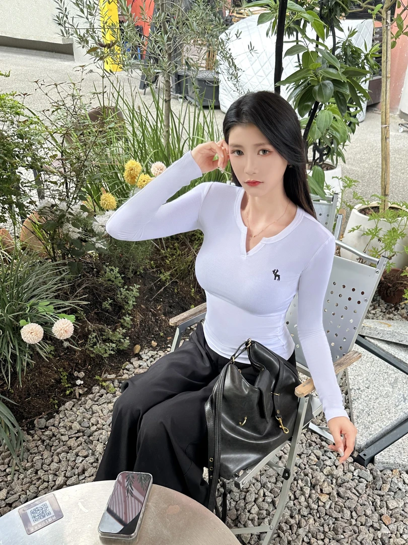 韩系刺绣半开领T恤2025早秋新款修身显瘦短款内搭打底上衣女8258