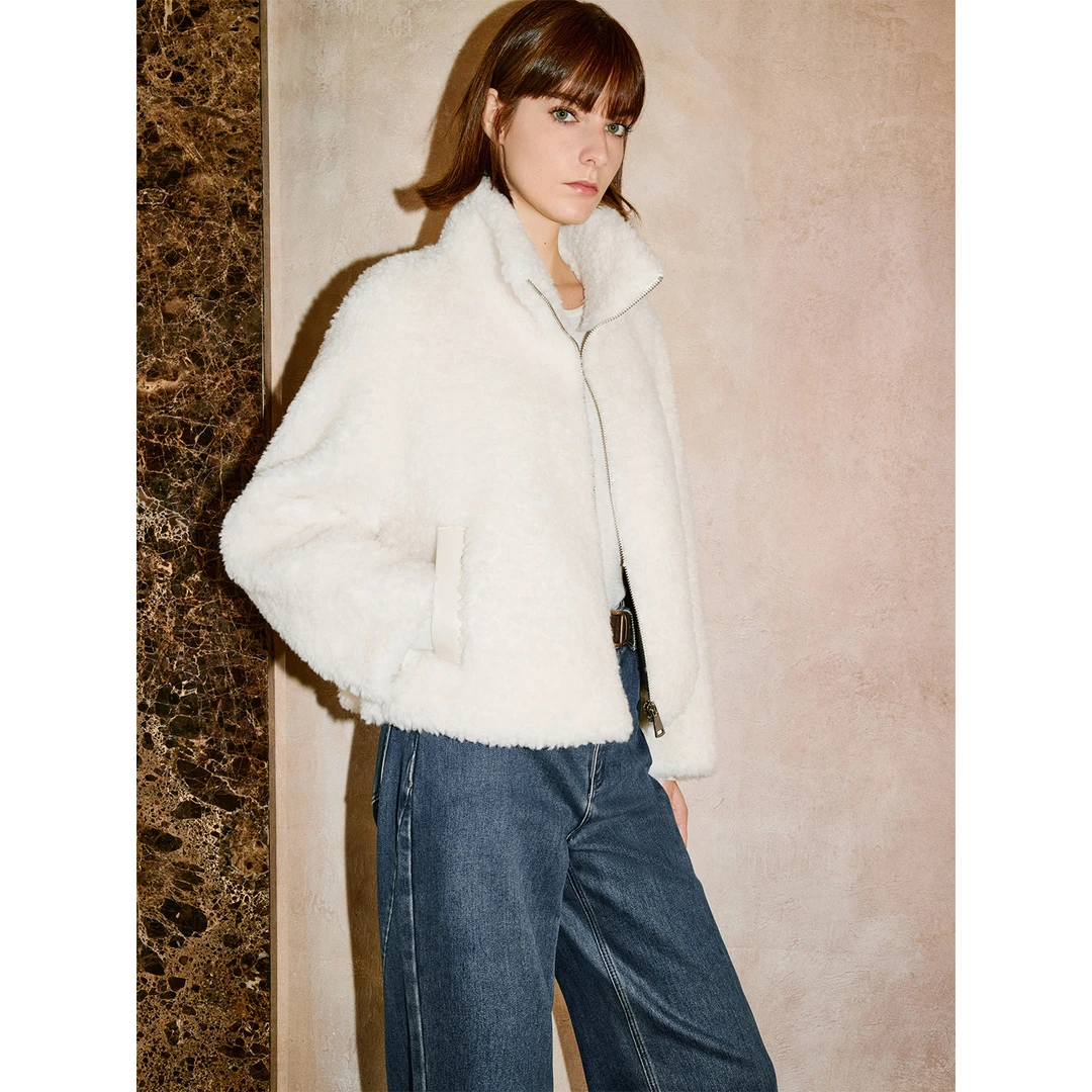 「极简绒意」INSUN恩裳冬季百搭立领绵羊毛羊羔毛短外套9C65510210