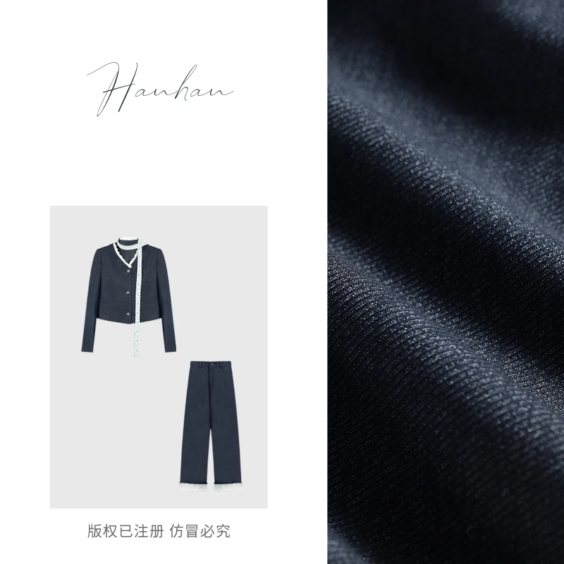 新款系蕾丝飘带上衣+蕾丝拼接裤子套装W51TZ526