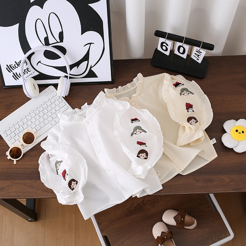 S儿童棉衬衫女孩白色打底衫洋气刺绣衬衫女宝休闲百搭长袖开衫