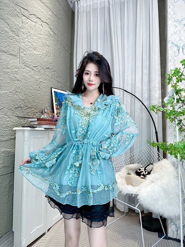 高级感立体刺绣连帽长袖真丝T恤上衣L8183-2蓝色